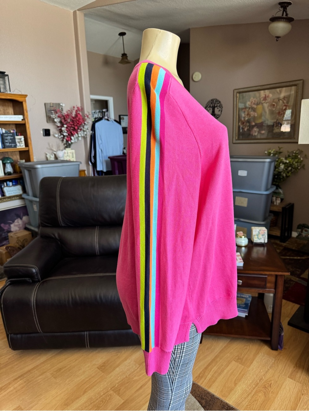 Belle by Kim Gravel Hot Pink Long Sleeve Sweater with Rainbow Sleeve Stripes-L - Picture 7 of 10